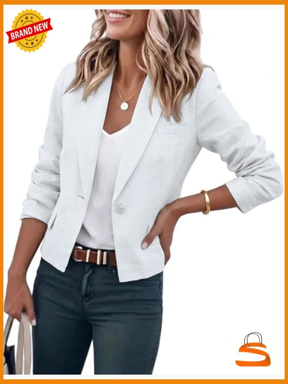 Women's Cropped Blazer Casual Lightweight Cotton Linen Suit Jacket